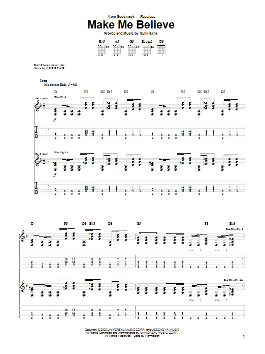 Preview Godsmack Make Me Believe Rock sheet music, notes and chords for Guitar Tab, SKU: 51129 sheet music, piano notes, chords, guitar tabs, score, transpose, transcribe, how to play, guide, download, learn, tutorial, progression, song, artist, awards, billboard, mtv, vh1, tour, single, album, release