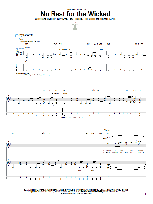 Download Godsmack No Rest For The Wicked sheet music and printable PDF score & Pop music notes