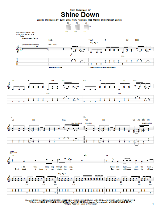Download Godsmack Shine Down sheet music and printable PDF score & Pop music notes