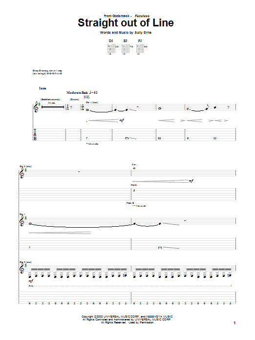 Preview Godsmack Straight Out Of Line Rock sheet music, notes and chords for Guitar Tab, SKU: 51132 sheet music, piano notes, chords, guitar tabs, score, transpose, transcribe, how to play, guide, download, learn, tutorial, progression, song, artist, awards, billboard, mtv, vh1, tour, single, album, release