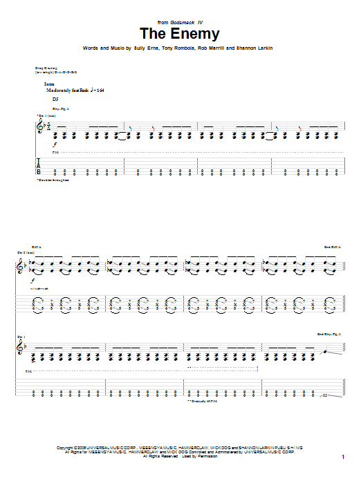 Preview Godsmack The Enemy Pop sheet music, notes and chords for Guitar Tab, SKU: 55613 Download Godsmack The Enemy sheet music and printable PDF score & Pop music notes
