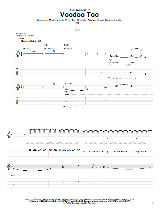 Preview Godsmack Voodoo Too Pop sheet music, notes and chords for Guitar Tab, SKU: 55606 Download Godsmack Voodoo Too sheet music and printable PDF score & Pop music notes