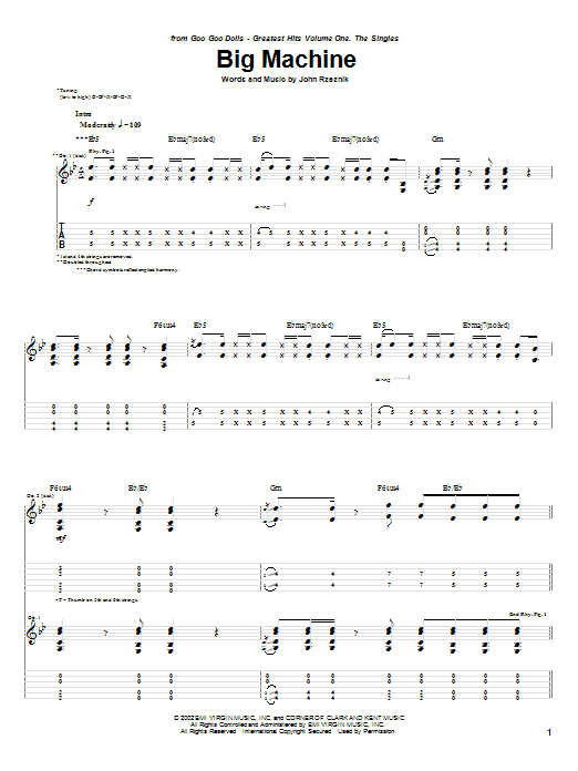 Download Goo Goo Dolls Big Machine sheet music and printable PDF score & Rock music notes