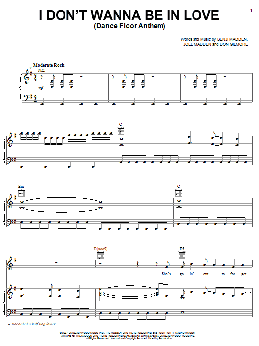 Preview Good Charlotte I Don't Wanna Be In Love (Dance Floor Anthem) Rock sheet music, notes and chords for Piano, Vocal & Guitar (Right-Hand Melody), SKU: 62837 Download Good Charlotte I Don't Wanna Be In Love (Dance Floor Anthem) sheet music and printable PDF score & Rock music notes
