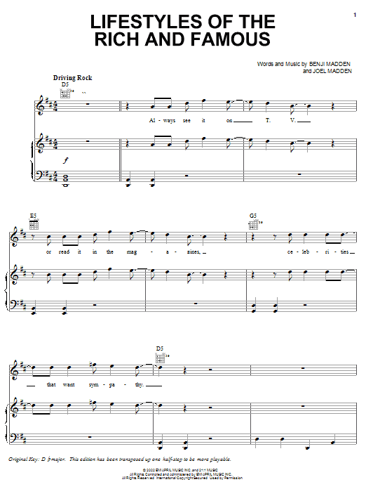 Preview Good Charlotte Lifestyles Of The Rich And Famous Pop sheet music, notes and chords for Piano, Vocal & Guitar (Right-Hand Melody), SKU: 22194 Download Good Charlotte Lifestyles Of The Rich And Famous sheet music and printable PDF score & Pop music notes