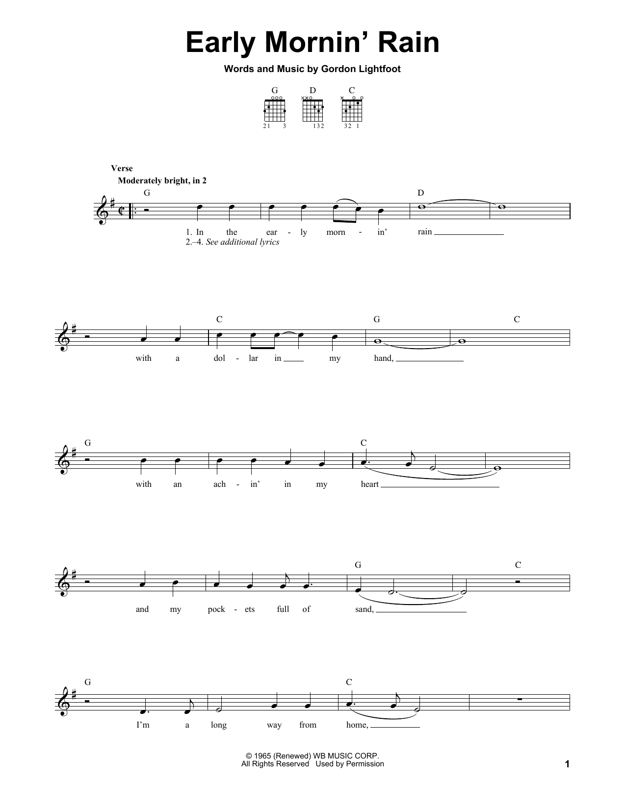 Download Gordon Lightfoot Early Mornin' Rain sheet music and printable PDF score & Folk music notes