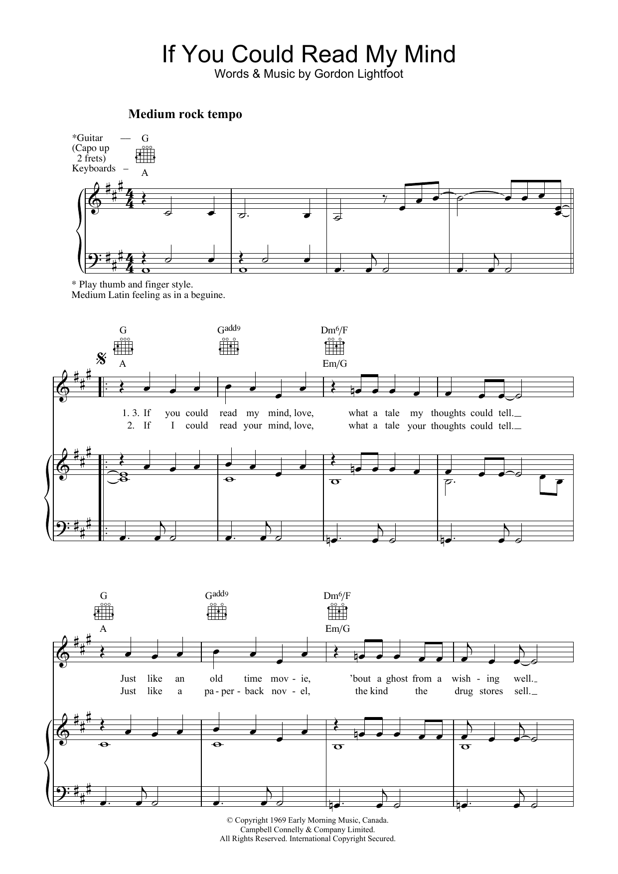 Download Gordon Lightfoot If You Could Read My Mind sheet music and printable PDF score & Pop music notes
