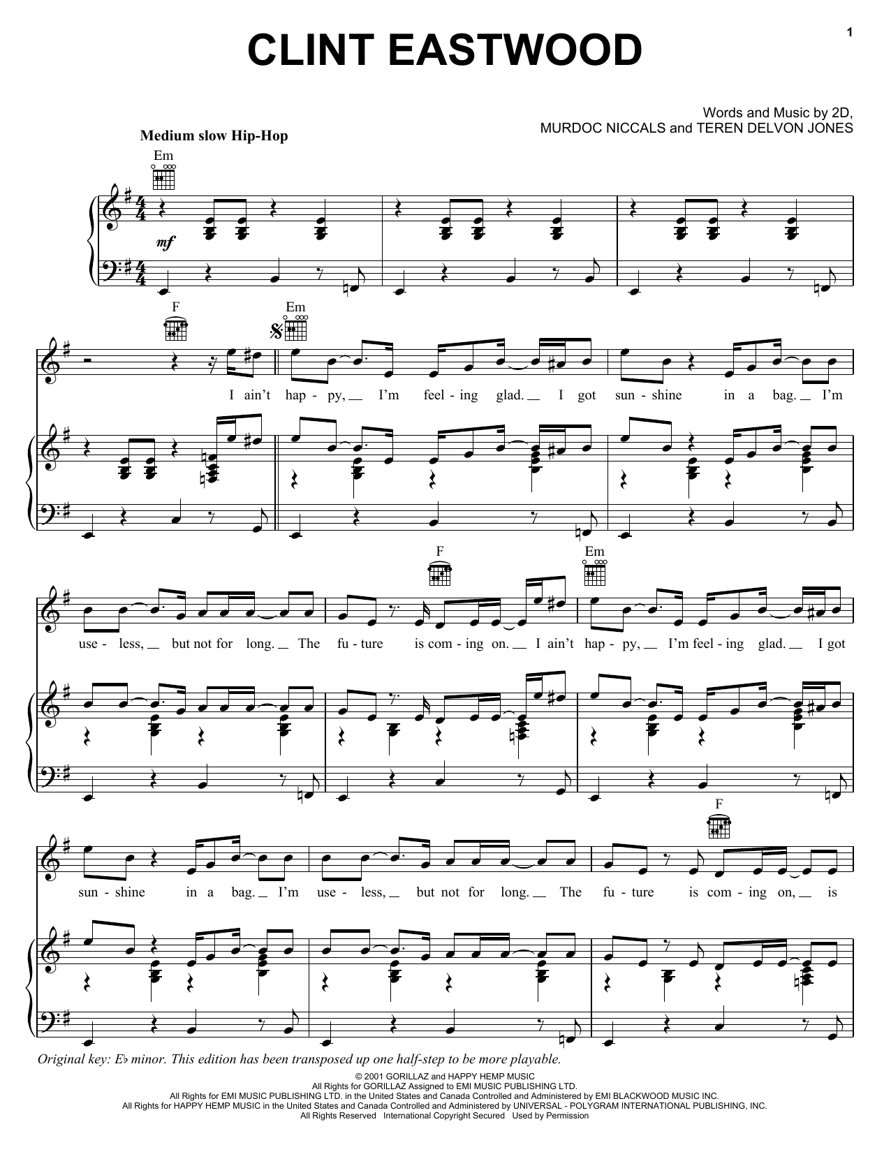 Download Gorillaz Clint Eastwood sheet music and printable PDF score & Rock music notes