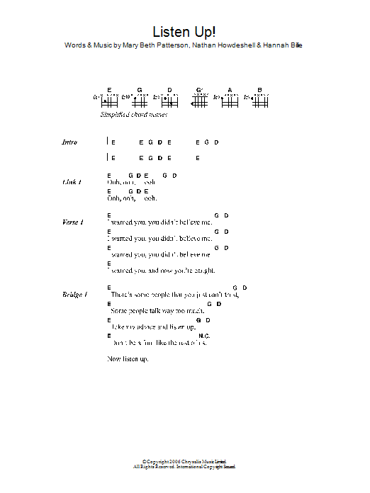 The Gossip Listen Up! Sheet Music & Chords for Lyrics & Chords - Download or Print PDF
