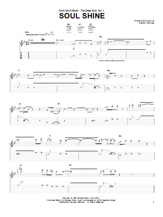 Download Gov't Mule Soul Shine sheet music and printable PDF score & Pop music notes