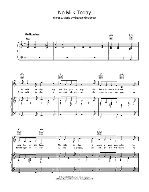 Preview Graham Gouldman No Milk Today Traditional sheet music, notes and chords for Melody Line, Lyrics & Chords, SKU: 108196 sheet music, piano notes, chords, guitar tabs, score, transpose, transcribe, how to play, guide, download, learn, tutorial, progression, song, artist, awards, billboard, mtv, vh1, tour, single, album, release
