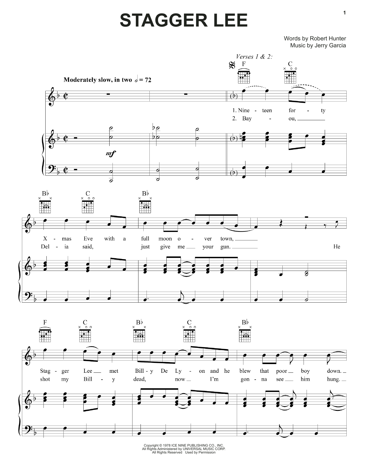 Grateful Dead Stagger Lee Sheet Music & Chords for Piano, Vocal & Guitar (Right-Hand Melody) - Download or Print PDF