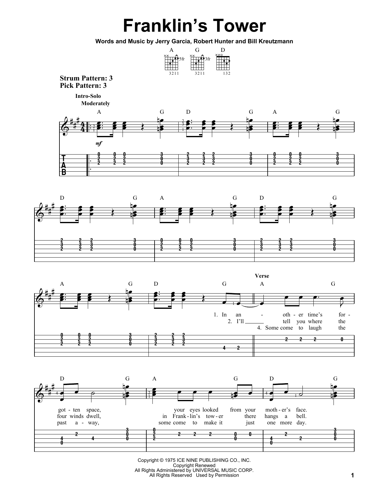 Preview Grateful Dead Franklin's Tower Rock sheet music, notes and chords for Guitar Tab, SKU: 160252 sheet music, piano notes, chords, guitar tabs, score, transpose, transcribe, how to play, guide, download, learn, tutorial, progression, song, artist, awards, billboard, mtv, vh1, tour, single, album, release