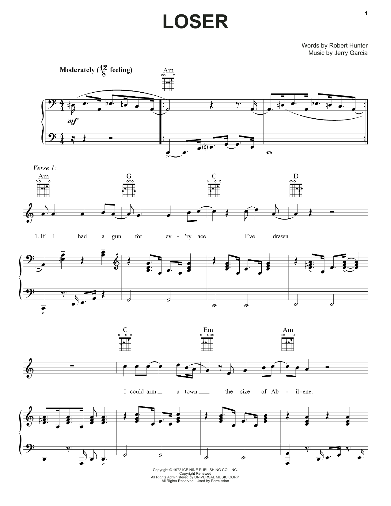 Preview Grateful Dead Loser Pop sheet music, notes and chords for Piano, Vocal & Guitar (Right-Hand Melody), SKU: 160459 sheet music, piano notes, chords, guitar tabs, score, transpose, transcribe, how to play, guide, download, learn, tutorial, progression, song, artist, awards, billboard, mtv, vh1, tour, single, album, release