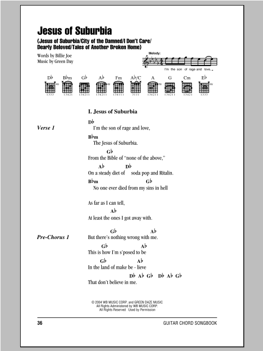 Green Day Jesus Of Suburbia: Jesus Of Suburbia/City Of The Damned/I Don't Care/Dearly Beloved/Tales Of Another Sheet Music & Chords for Guitar Chords/Lyrics - Download or Print PDF