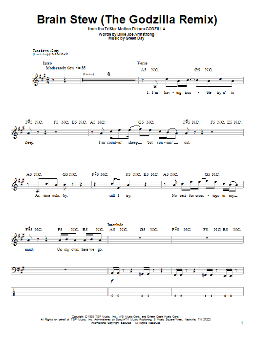 Preview Green Day Brain Stew (The Godzilla Remix) Rock sheet music, notes and chords for Guitar Tab Play-Along, SKU: 82478 Download Green Day Brain Stew (The Godzilla Remix) sheet music and printable PDF score & Rock music notes