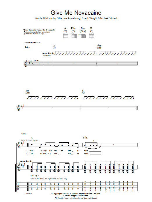 Download Green Day Give Me Novacaine sheet music and printable PDF score & Rock music notes
