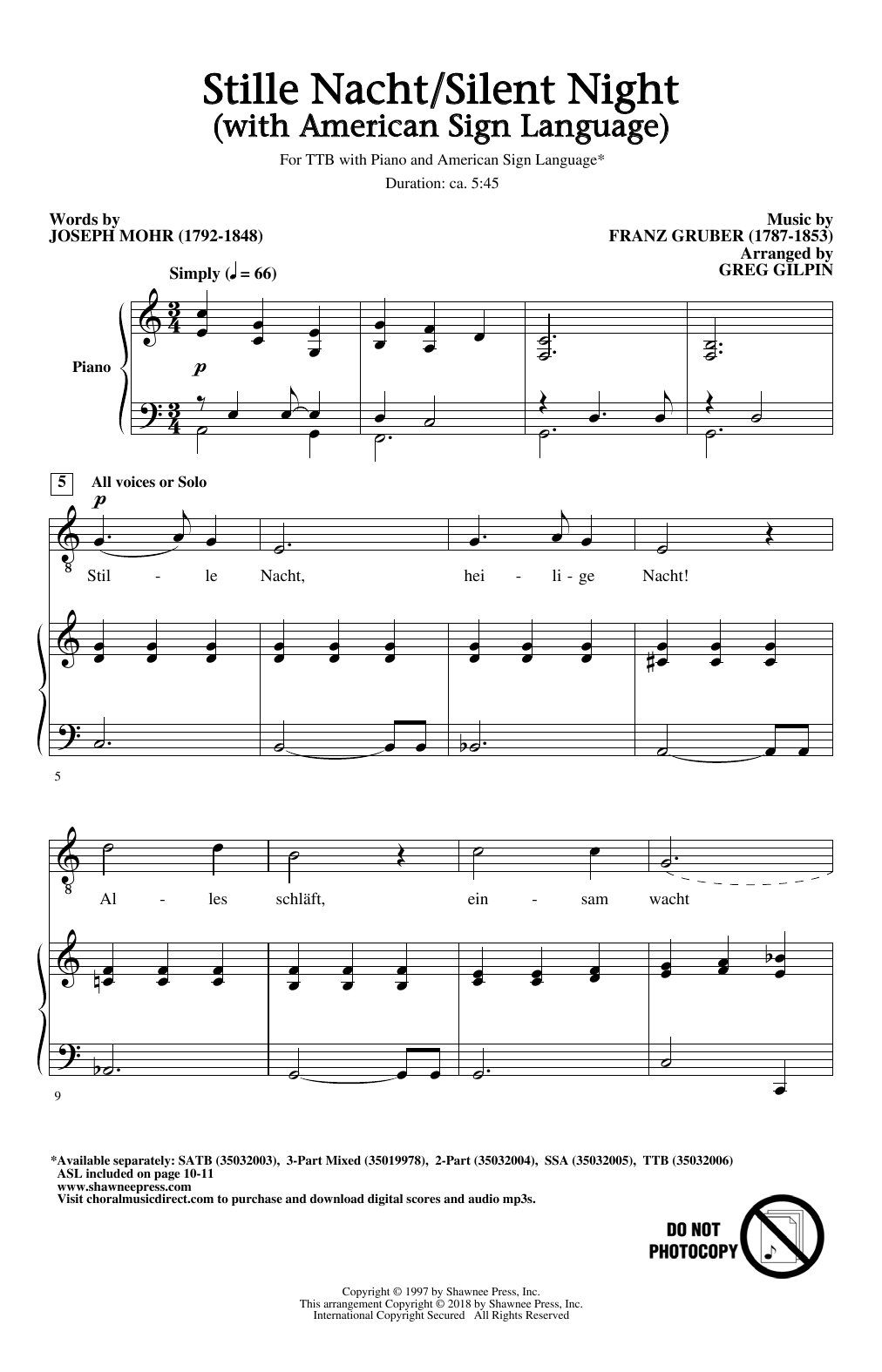 Stille Nacht Silent Night With American Sign Language Sheet
