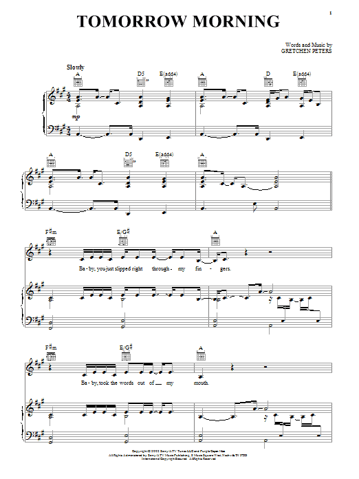 Preview Gretchen Peters Tomorrow Morning Pop sheet music, notes and chords for Lyrics & Chords, SKU: 108478 sheet music, piano notes, chords, guitar tabs, score, transpose, transcribe, how to play, guide, download, learn, tutorial, progression, song, artist, awards, billboard, mtv, vh1, tour, single, album, release