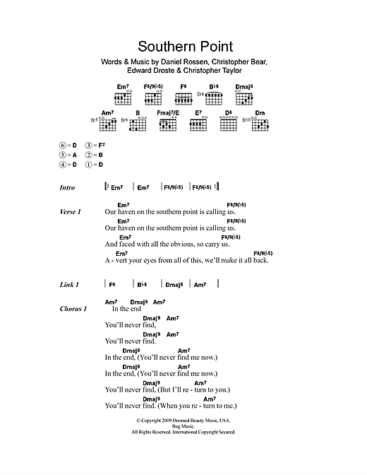 Preview Grizzly Bear Southern Point Rock sheet music, notes and chords for Lyrics & Chords, SKU: 107845 sheet music, piano notes, chords, guitar tabs, score, transpose, transcribe, how to play, guide, download, learn, tutorial, progression, song, artist, awards, billboard, mtv, vh1, tour, single, album, release