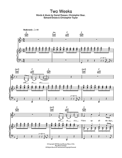 Preview Grizzly Bear Two Weeks Pop sheet music, notes and chords for Piano, Vocal & Guitar (Right-Hand Melody), SKU: 101470 sheet music, piano notes, chords, guitar tabs, score, transpose, transcribe, how to play, guide, download, learn, tutorial, progression, song, artist, awards, billboard, mtv, vh1, tour, single, album, release