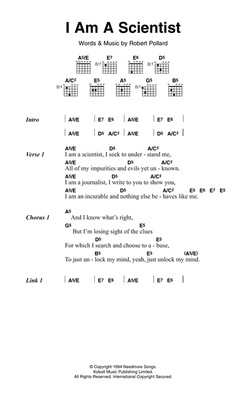 Preview Guided By Voices I Am A Scientist Rock sheet music, notes and chords for Lyrics & Chords, SKU: 121087 sheet music, piano notes, chords, guitar tabs, score, transpose, transcribe, how to play, guide, download, learn, tutorial, progression, song, artist, awards, billboard, mtv, vh1, tour, single, album, release