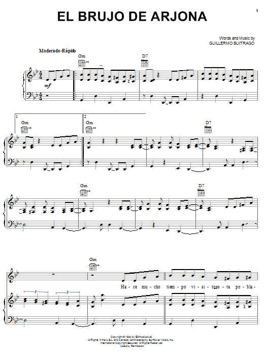 Preview Guillermo Buitrago El Brujo De Arjona World sheet music, notes and chords for Piano, Vocal & Guitar (Right-Hand Melody), SKU: 21362 Download Guillermo Buitrago El Brujo De Arjona sheet music and printable PDF score & World music notes