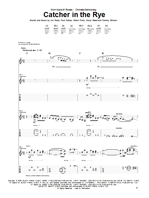 Preview Guns N' Roses Catcher In The Rye Pop sheet music, notes and chords for Guitar Tab, SKU: 73073 sheet music, piano notes, chords, guitar tabs, score, transpose, transcribe, how to play, guide, download, learn, tutorial, progression, song, artist, awards, billboard, mtv, vh1, tour, single, album, release