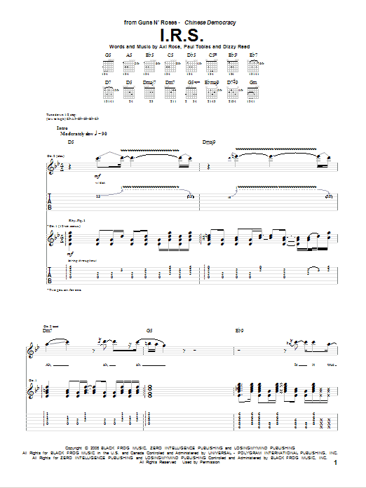 Preview Guns N' Roses I.R.S. Pop sheet music, notes and chords for Guitar Tab, SKU: 73069 sheet music, piano notes, chords, guitar tabs, score, transpose, transcribe, how to play, guide, download, learn, tutorial, progression, song, artist, awards, billboard, mtv, vh1, tour, single, album, release