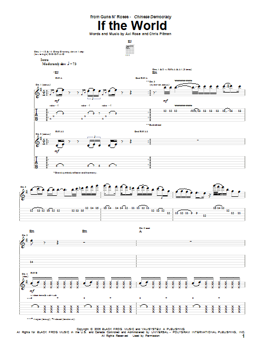 Preview Guns N' Roses If The World Pop sheet music, notes and chords for Guitar Tab, SKU: 73075 Download Guns N' Roses If The World sheet music and printable PDF score & Pop music notes