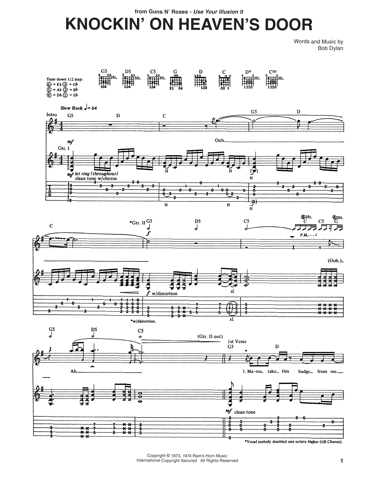 Download Guns N' Roses Knockin' On Heaven's Door sheet music and printable PDF score & Rock music notes
