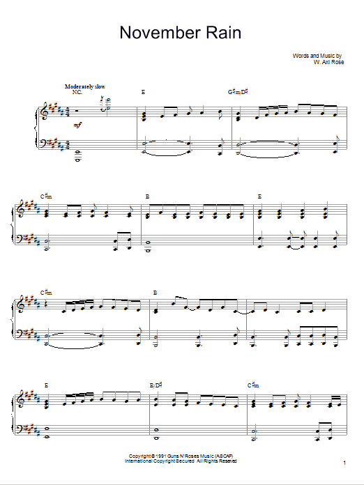 Download Guns N' Roses November Rain sheet music and printable PDF score & Pop music notes