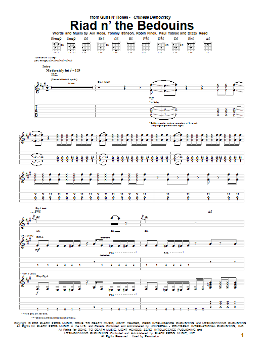 Preview Guns N' Roses Riad N' The Bedouins Pop sheet music, notes and chords for Guitar Tab, SKU: 73071 sheet music, piano notes, chords, guitar tabs, score, transpose, transcribe, how to play, guide, download, learn, tutorial, progression, song, artist, awards, billboard, mtv, vh1, tour, single, album, release