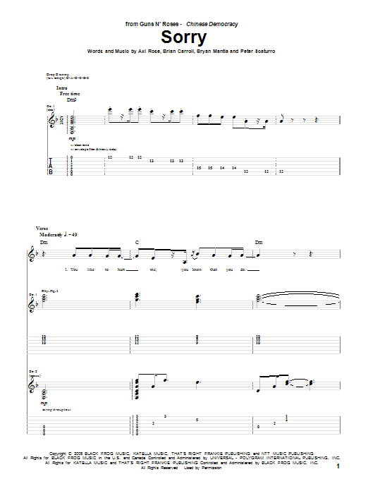 Download Guns N' Roses Sorry sheet music and printable PDF score & Pop music notes