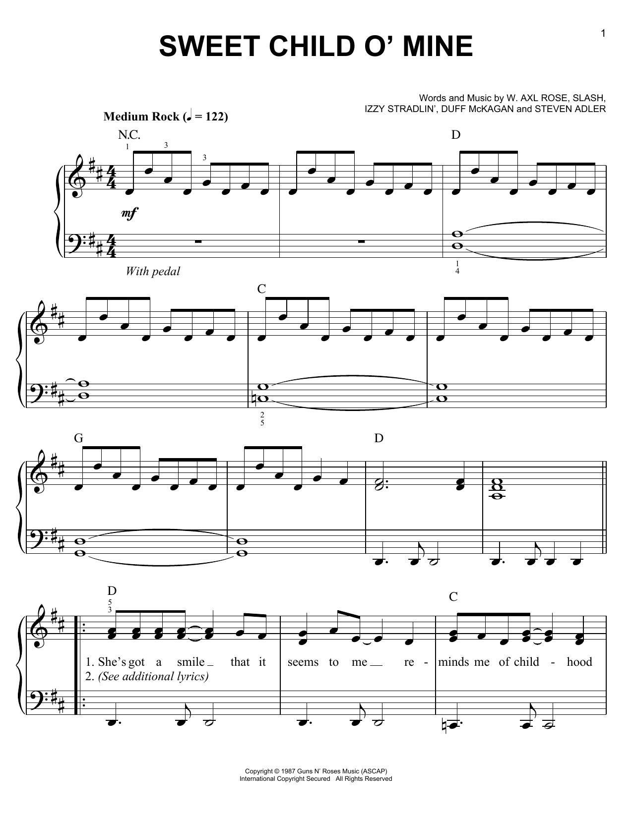 Download Guns N' Roses Sweet Child O' Mine sheet music and printable PDF score & Pop music notes