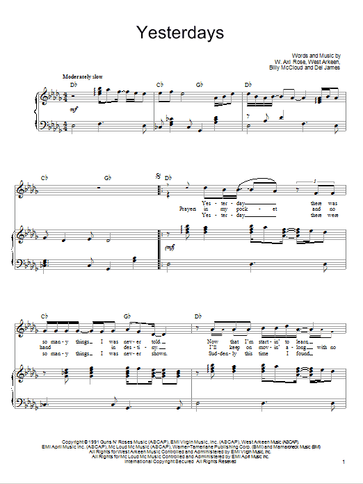 Preview Guns N' Roses Yesterdays Pop sheet music, notes and chords for Piano, Vocal & Guitar (Right-Hand Melody), SKU: 75779 Download Guns N' Roses Yesterdays sheet music and printable PDF score & Pop music notes