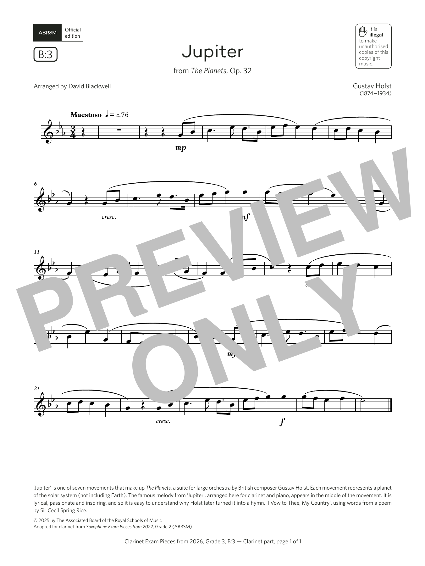 Gustav Holst Jupiter (Grade 3, list B3, from the ABRSM Clarinet Syllabus from 2026) Sheet Music & Chords for Clarinet Solo - Download or Print PDF