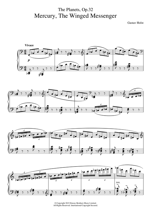 Preview Gustav Holst The Planets, Op. 32 - Mercury, The Winged Messenger Classical sheet music, notes and chords for Piano, SKU: 121434 sheet music, piano notes, chords, guitar tabs, score, transpose, transcribe, how to play, guide, download, learn, tutorial, progression, song, artist, awards, billboard, mtv, vh1, tour, single, album, release
