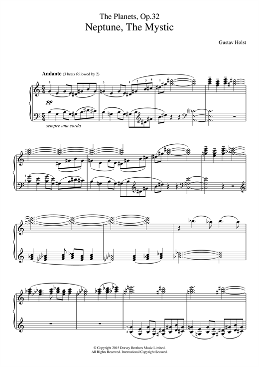 Preview Gustav Holst The Planets, Op. 32 - Neptune, The Mystic Classical sheet music, notes and chords for Piano, SKU: 121433 sheet music, piano notes, chords, guitar tabs, score, transpose, transcribe, how to play, guide, download, learn, tutorial, progression, song, artist, awards, billboard, mtv, vh1, tour, single, album, release