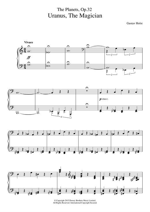 Preview Gustav Holst The Planets, Op. 32 - Uranus, The Magician Classical sheet music, notes and chords for Piano, SKU: 121432 sheet music, piano notes, chords, guitar tabs, score, transpose, transcribe, how to play, guide, download, learn, tutorial, progression, song, artist, awards, billboard, mtv, vh1, tour, single, album, release