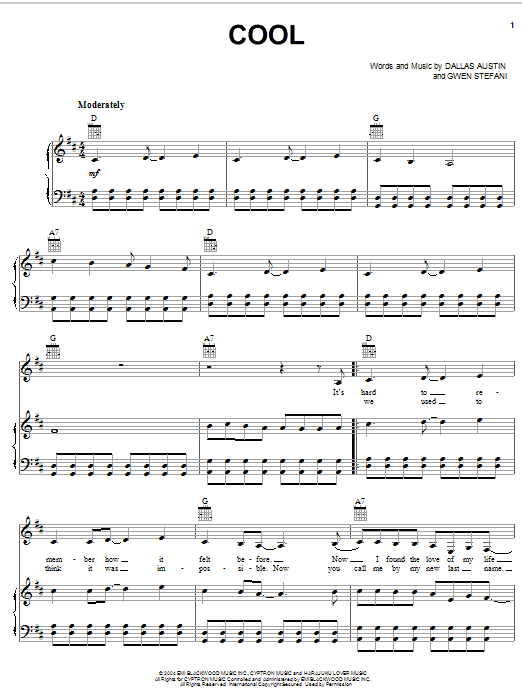 Preview Gwen Stefani Cool Pop sheet music, notes and chords for Piano, Vocal & Guitar (Right-Hand Melody), SKU: 51957 Download Gwen Stefani Cool sheet music and printable PDF score & Pop music notes