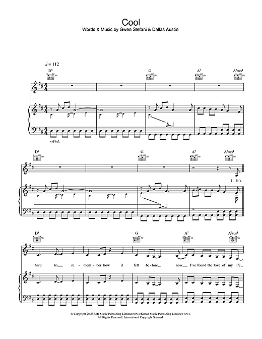 Preview Gwen Stefani Cool Pop sheet music, notes and chords for Piano, Vocal & Guitar (Right-Hand Melody), SKU: 51957 sheet music, piano notes, chords, guitar tabs, score, transpose, transcribe, how to play, guide, download, learn, tutorial, progression, song, artist, awards, billboard, mtv, vh1, tour, single, album, release