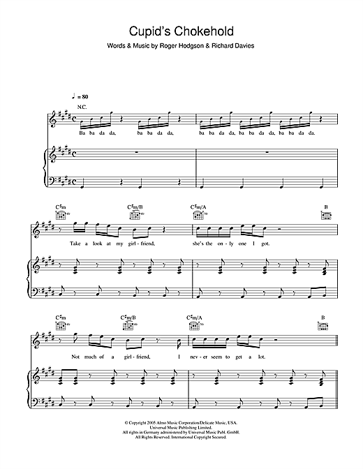 Preview Gym Class Heroes Cupid's Chokehold Pop sheet music, notes and chords for Piano, Vocal & Guitar, SKU: 47807 sheet music, piano notes, chords, guitar tabs, score, transpose, transcribe, how to play, guide, download, learn, tutorial, progression, song, artist, awards, billboard, mtv, vh1, tour, single, album, release