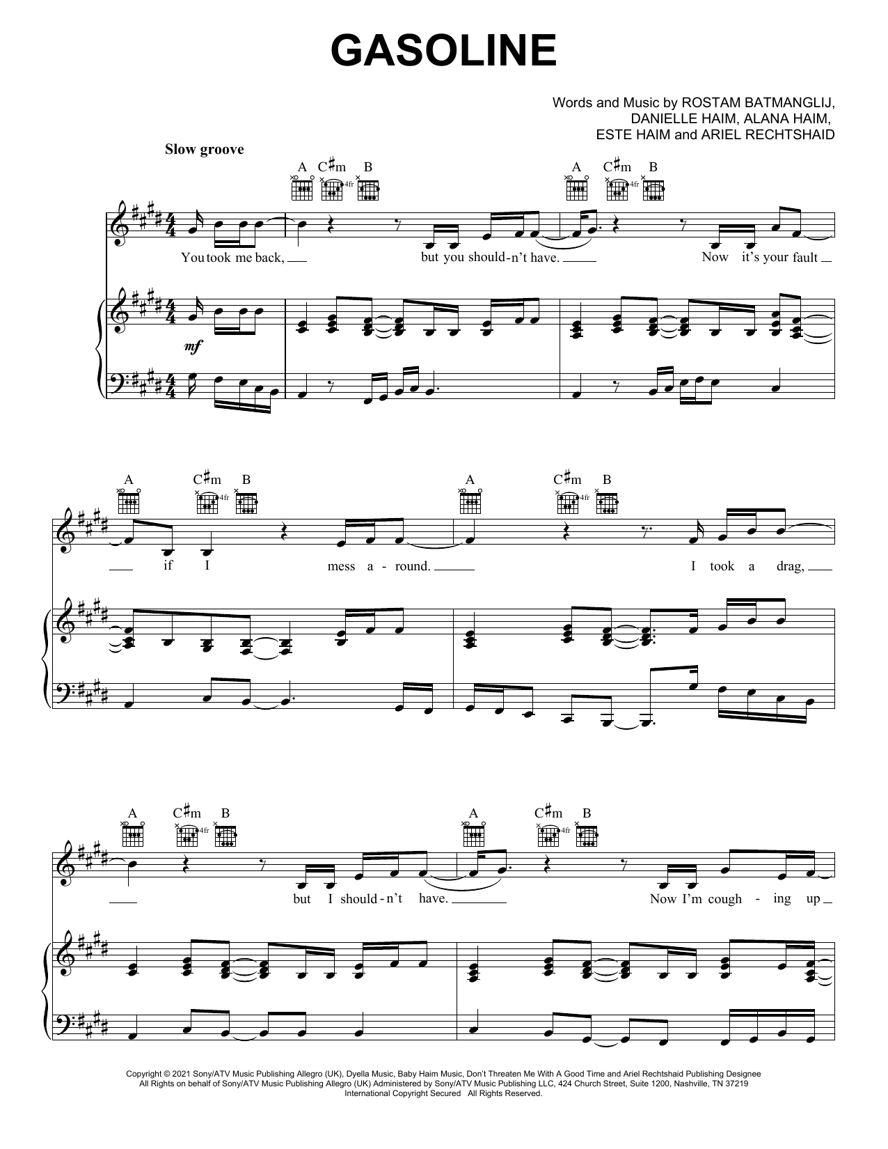 Preview Haim Gasoline (feat. Taylor Swift) Pop sheet music, notes and chords for Piano, Vocal & Guitar (Right-Hand Melody), SKU: 479677 sheet music, piano notes, chords, guitar tabs, score, transpose, transcribe, how to play, guide, download, learn, tutorial, progression, song, artist, awards, billboard, mtv, vh1, tour, single, album, release
