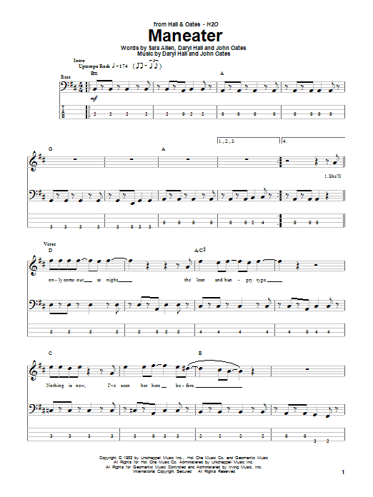 Preview Hall & Oates Maneater Rock sheet music, notes and chords for Bass Guitar Tab, SKU: 51220 sheet music, piano notes, chords, guitar tabs, score, transpose, transcribe, how to play, guide, download, learn, tutorial, progression, song, artist, awards, billboard, mtv, vh1, tour, single, album, release