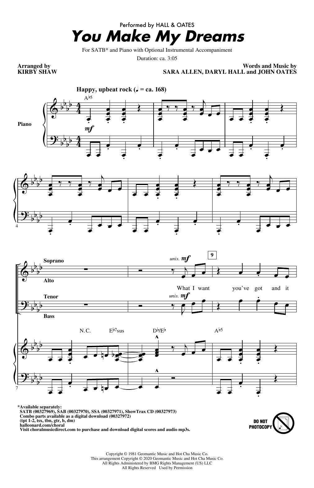 Download Hall & Oates You Make My Dreams (arr. Kirby Shaw) sheet music and printable PDF score & Pop music notes