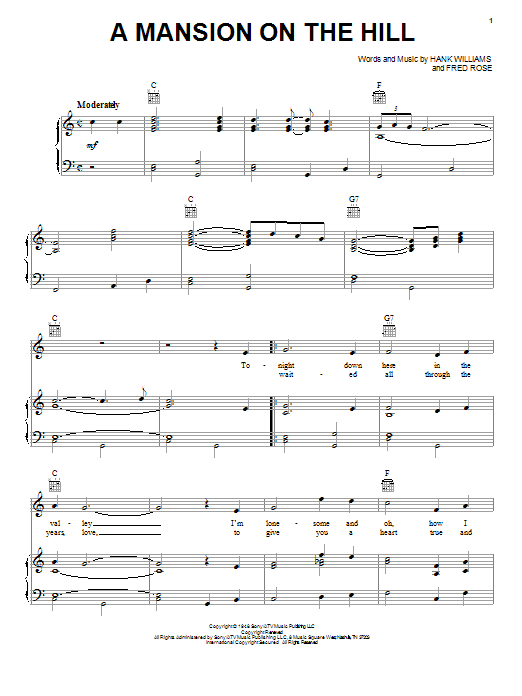 A Mansion On The Hill Sheet Music Notes Hank Williams Chords Download Rock Notes Piano Vocal Guitar Right Hand Melody Pdf Printable