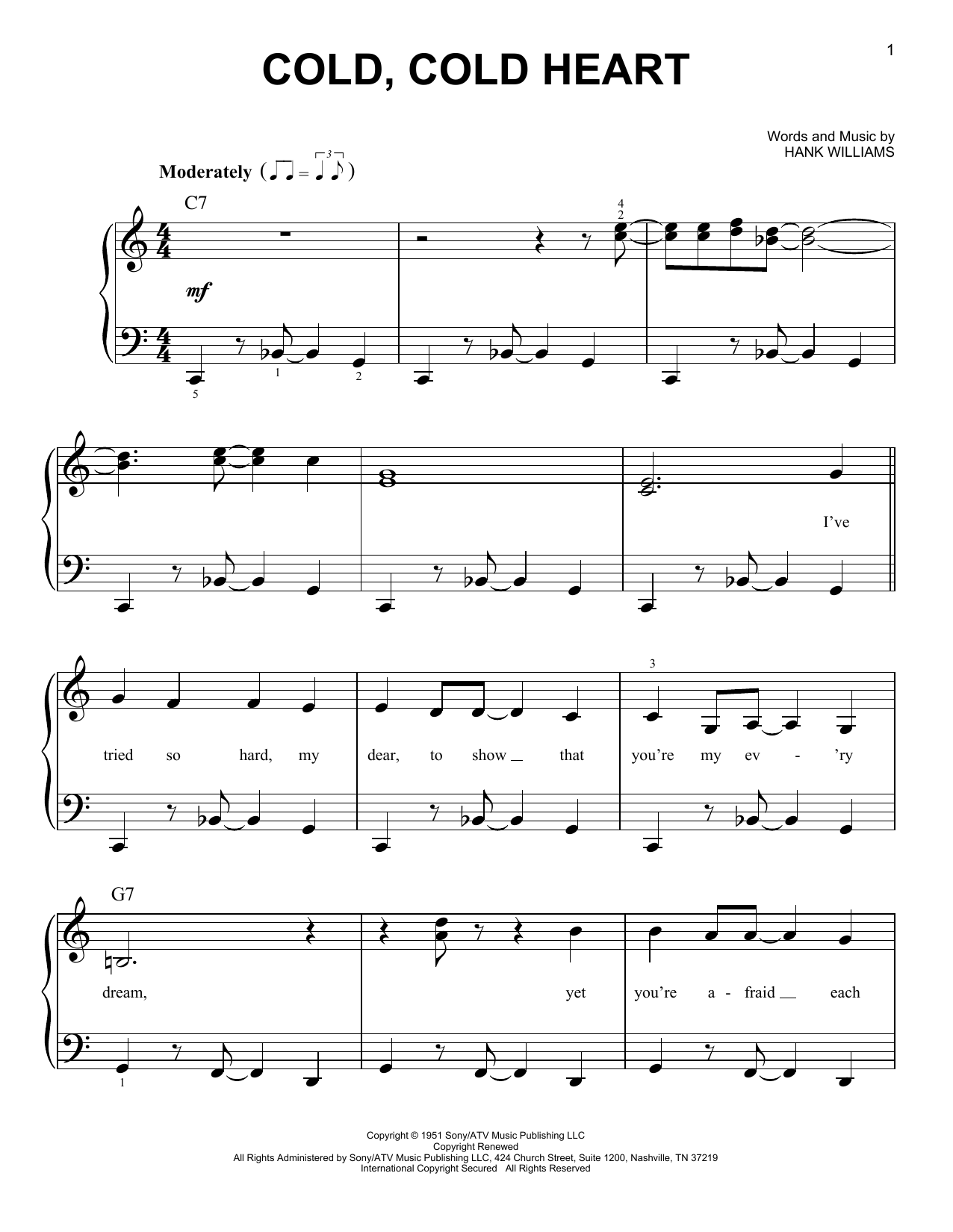 Preview Hank Williams Cold, Cold Heart Country sheet music, notes and chords for Lyrics & Chords, SKU: 78884 Download Hank Williams Cold, Cold Heart sheet music and printable PDF score & Country music notes