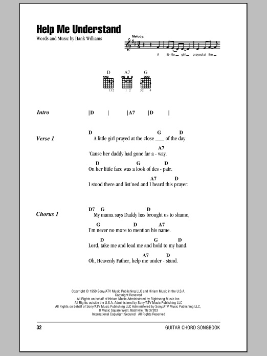 Preview Hank Williams Help Me Understand Country sheet music, notes and chords for Lyrics & Chords, SKU: 78885 Download Hank Williams Help Me Understand sheet music and printable PDF score & Country music notes