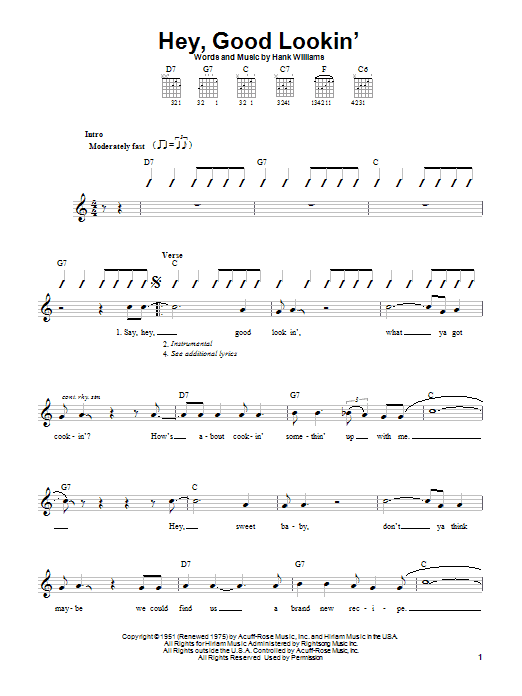 Preview Hank Williams Hey, Good Lookin' Country sheet music, notes and chords for Lyrics & Chords, SKU: 78888 sheet music, piano notes, chords, guitar tabs, score, transpose, transcribe, how to play, guide, download, learn, tutorial, progression, song, artist, awards, billboard, mtv, vh1, tour, single, album, release